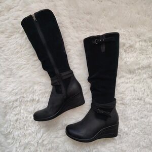 UGG Lesley Waterproof Black Leather Suede Wedge Knee Boots Shearling Womens 7